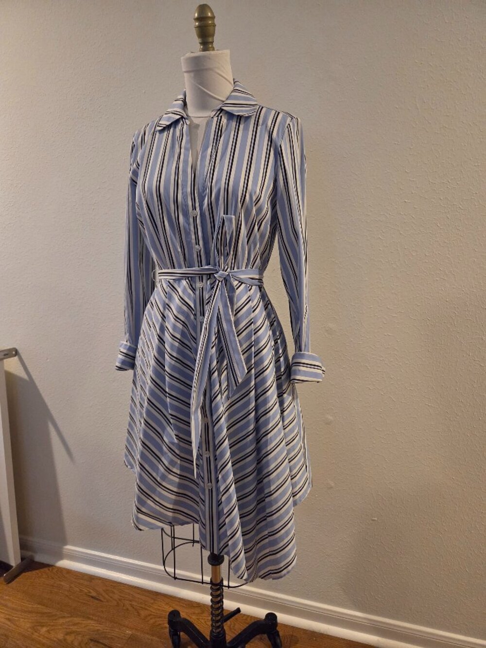INC International Concepts Petite 6P Blue Striped Button Front Shirt Dress